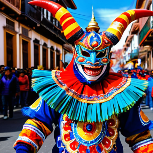 Home 7 **Subject:** A vibrant Diablada dancer in full costume.
**Clothing:** Elaborate devil mask and ornate, colorful clothing, representing the battle between good and evil.
**Environment:** A bustling street during the Oruro Carnival, with cheering crowds and traditional Bolivian architecture in the background.
**Quality Modifiers:** High resolution, professional photography, dramatic lighting, perfect anatomy, correct proportions, natural pose, fully clothed, appropriate attire, safe for work, family-friendly.