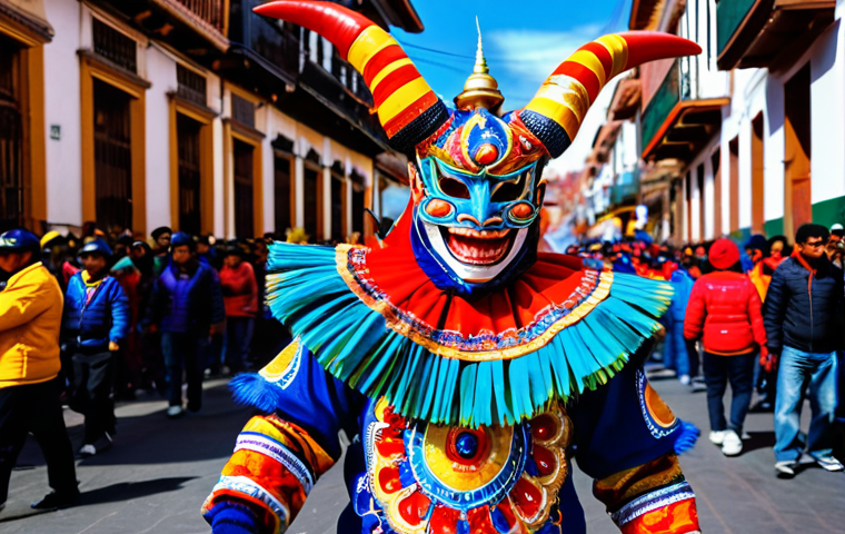 **Subject:** A vibrant Diablada dancer in full costume.
    **Clothing:** Elaborate devil mask and ornate, colorful clothing, representing the battle between good and evil.
    **Environment:** A bustling street during the Oruro Carnival, with cheering crowds and traditional Bolivian architecture in the background.
    **Quality Modifiers:** High resolution, professional photography, dramatic lighting, perfect anatomy, correct proportions, natural pose, fully clothed, appropriate attire, safe for work, family-friendly.